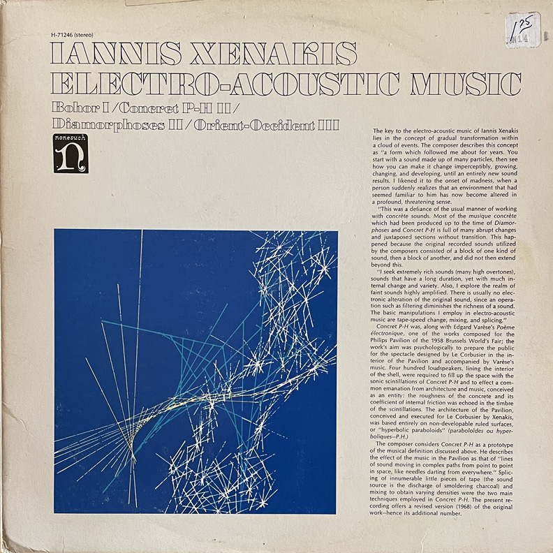 Album cover titled “Iannis Xenakis Electro-Acoustic Music” featuring an abstract design with intersecting blue and white lines and the Nonesuch logo. The background is off-white with extensive text on the right side and a price sticker in the top right corner.
