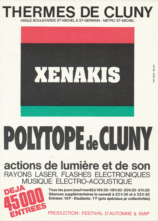 Poster for “Xenakis – Polytope de Cluny” at Thermes de Cluny. Event featuring light and sound actions including laser beams, electronic flashes, and electro-acoustic music. Showing daily (except Tuesday) at specified times, with extra sessions on Saturdays. Admission: 10F adults, 7F children under 18.