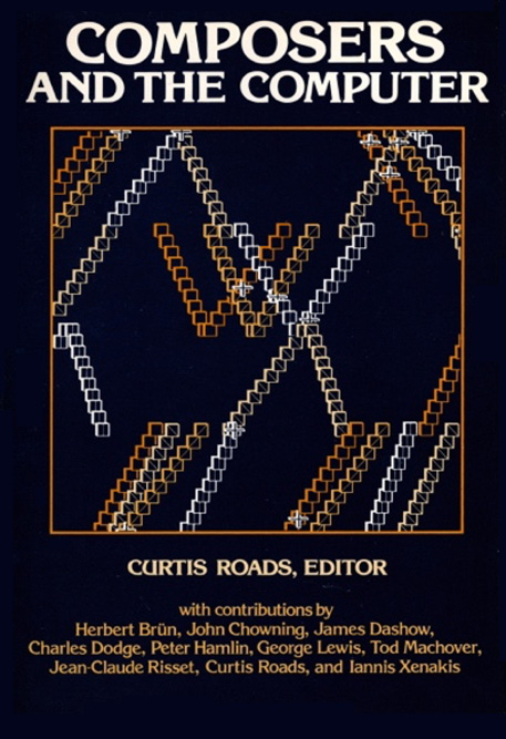 The cover image of the book “Composers and the Computer,” edited by Curtis Roads, features the title in bold white text at the top. Below is a geometric design of interlocking squares in white, bronze, and gray. The contributors’ names are listed in smaller text at the bottom.