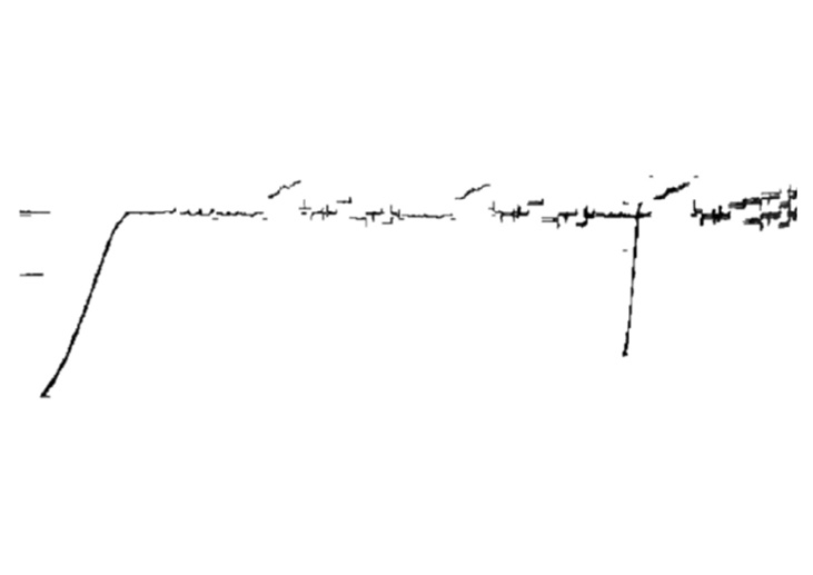 A black-and-white line graph with a steep rise at the beginning, followed by a long, nearly horizontal plateau. A sudden drop occurs towards the right end, after which the line continues horizontally with slight fluctuations.