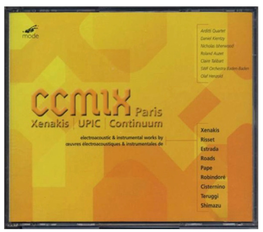 CD cover titled “CCMIX Paris Xenakis | UPIC | Continuum” with a list of composers and performers on the left and more names on the right, including Xenakis, Risset, Estrada, and others, denoting electoacoustic and instrumental works.