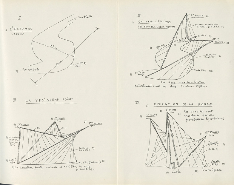 A page containing four hand-drawn geometric diagrams with annotations and mathematical notations in French, displayed on a white background. A gray and black color calibration chart with multiple colored squares is shown on the right.