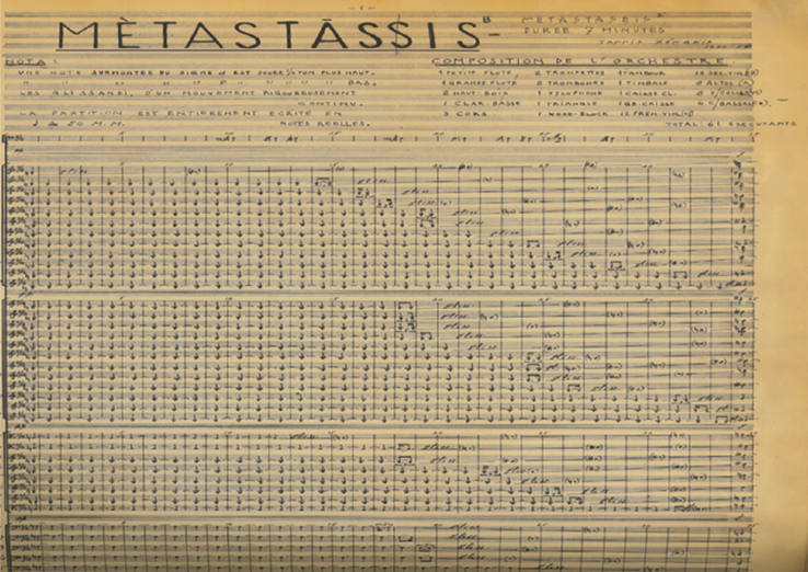 A musical score titled “Metastasis” by composer Iannis Xenakis, featuring detailed notation including staff lines, notes, and instructions. The layout shows intricate and precise musical arrangements, indicating a complex composition.