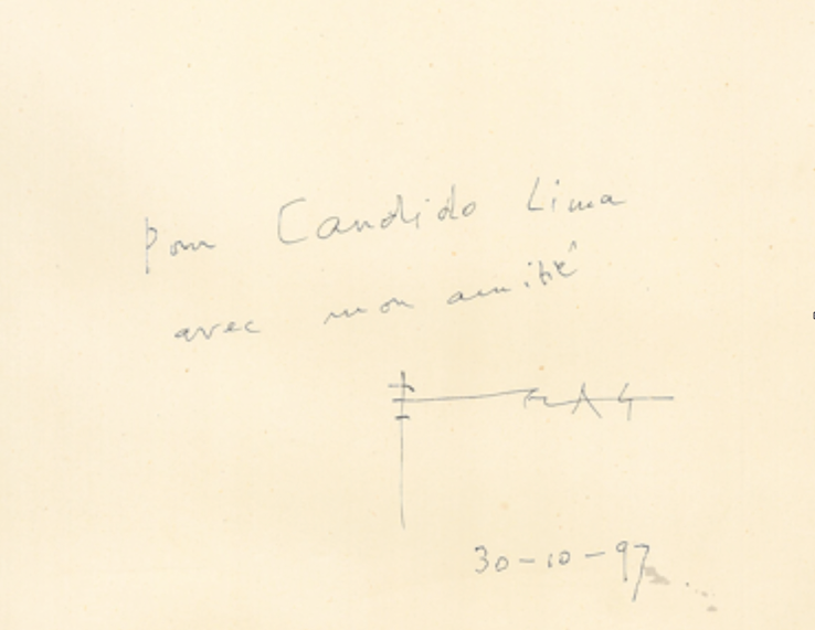 Handwritten note in French reads, “Pour Candido Lima, avec mon amitié,” followed by the signature of Xenakis and dated 30-10-97. The text is written on a plain, off-white background.