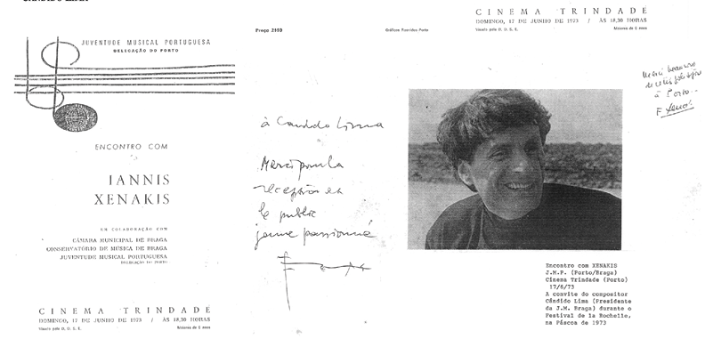 A black and white flyer for an event featuring Iannis Xenakis, including a handwritten note and a smiling portrait of a man. The text details dates and locations of the event at Cinema Trindade. The handwritten note is addressed to “André Lousa” and includes a scribbled score.
