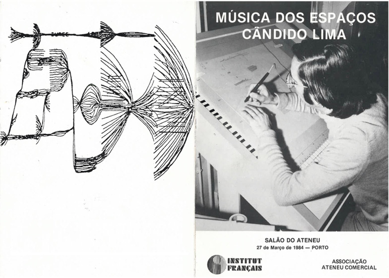 Black-and-white flyer featuring abstract line art on the left and a person on the right. The person is drawing on the table of the UPIC. The text reads “MÚSICA DOS ESPAÇOS CÂNDIDO LIMA” with event details and logos at the bottom.