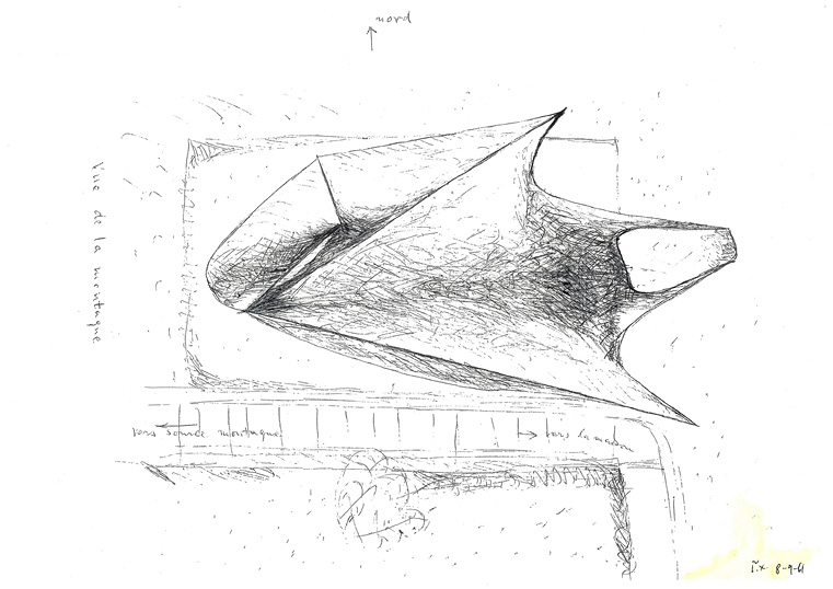 Black ink sketch of a building, shaded to show hyperbolic-paraboloid surfaces, on a street plan with an arrow marking north.