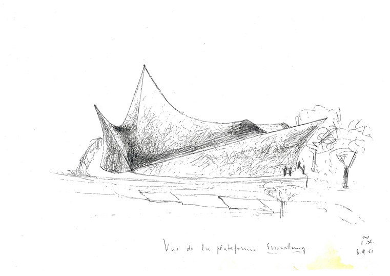 Three dimensional ink sketch of the same building, with four peaks and shading to show hyperbolic-paraboloid surfaces, with sketch trees for scale.