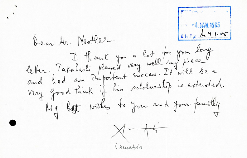 Handwritten postcard containing five lines of text and a signature with rubber date stamp marked fourth January nineteen-sixty-five.