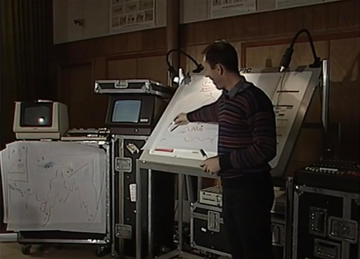 Peter Nelson stands in front of the UPIC table, pointing at a line graph. Behind him, there are old-school computer monitors and equipment. Several sheets with diagrammatic drawings are attached around the setup. The room has wood-paneled walls.