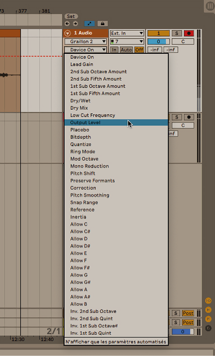 Screenshot of a digital audio workstation (DAW) interface displaying an extensive dropdown menu of automation parameters for an audio track. Options include device on, lead gain, output level, and various pitch and frequency settings.