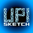 A logo with a blue background and a black circle in the center. The text “UPI” is written above in a crisscrossed line style, and “SKETCH” is written below in a bold, block font. The blue background transitions from dark at the center to light at the edges.