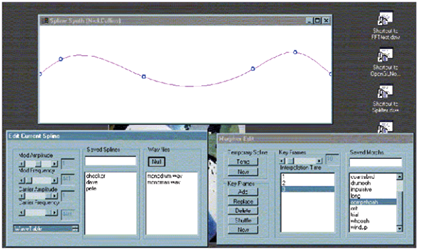 A software interface displaying a sine wave graph at the top. The lower sections have panels titled “Edit Current Spline” and “Morpher Edit” with various control options such as modulation amplitude, frequency, wave files, and morph settings.