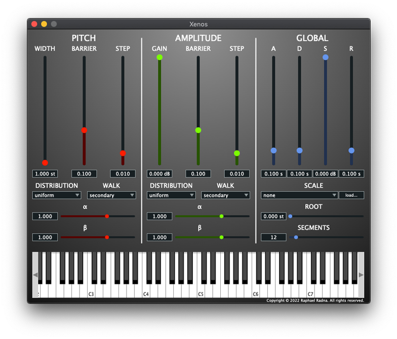 A screenshot of the Xenos plugin interface, featuring a piano keyboard at the bottom, and three grey columns above. The first column displays the 'pitch'; the second 'amplitude'; the third 'global'. Each column features adjustable sliders. For 'pitch', there are sliders for 'width', 'barrier' and 'step'. For 'amplitude', there are sliders for 'gain', 'barrier' and 'step'. For 'global', there are sliders for 'A', 'D', 'S' and 'R'. There are further adjustable features including 'scale', 'root', 'segments', 'alpha' and 'beta'.