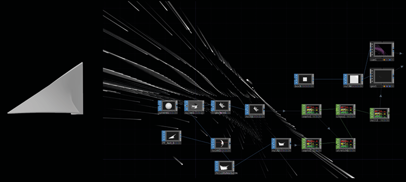 A black background image showing a complex, node-based visual programming interface with numerous connections and nodes. On the left, there’s a white cone-like shape, leading to a network of interconnected nodes, each displaying various settings and ratios.