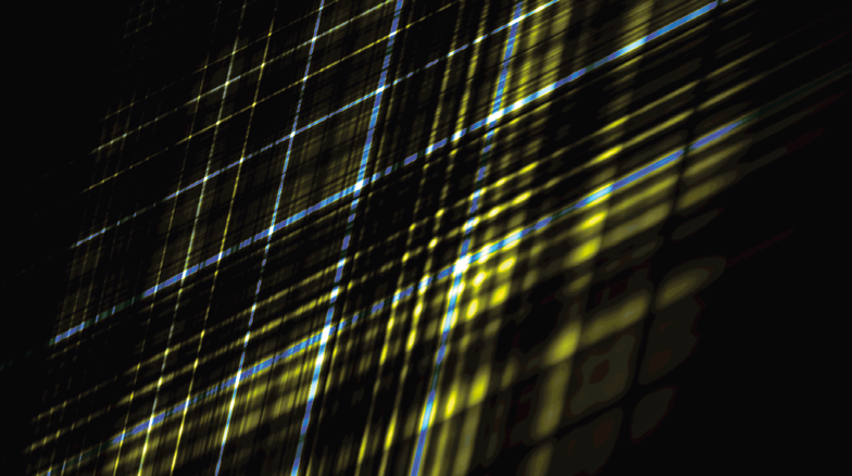 An abstract digital image featuring intersecting streaks of yellow and blue light on a dark background, creating a dynamic, grid-like pattern with varying intensity and thickness. The light appears to be in motion, giving the image a sense of depth and energy.