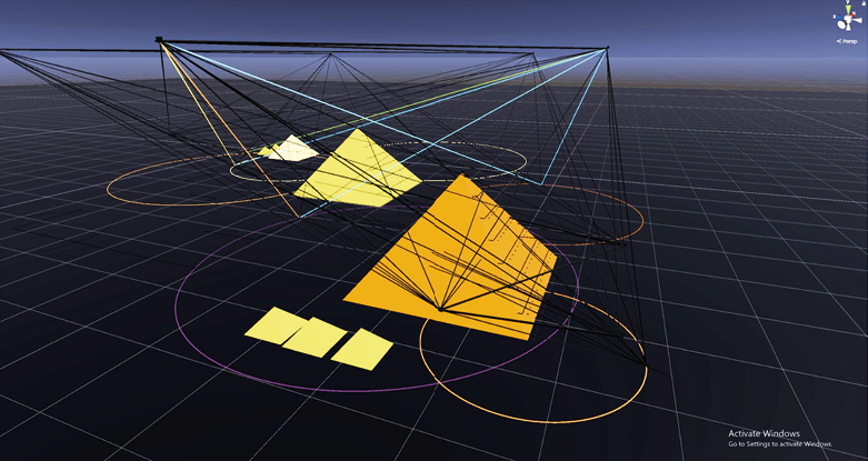 A computer-generated 3D graphical model features several intersecting geometric shapes, including pyramids and cubes. Thin lines and circular grids are overlaid, with a dark-to-light blue gradient background. Text in the bottom right corner reads “Activate Windows.”