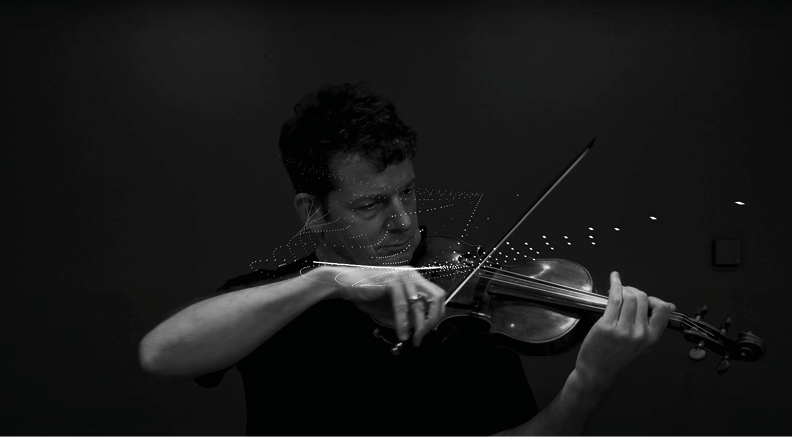 A person is playing a violin against a dark background. The image is black and white with abstract dotted lines and shapes around the violin, suggesting musical notes or sound waves. The person is focused on the instrument, highlighting the act of creating music.