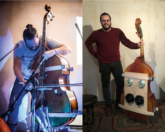 A split image: the left side shows a man playing a double bass with some attachments in a dim-lit setting, while the right side shows the man standing next to the double bass, smiling and holding it upright, revealing transducers strapped onto the back of the instrument.