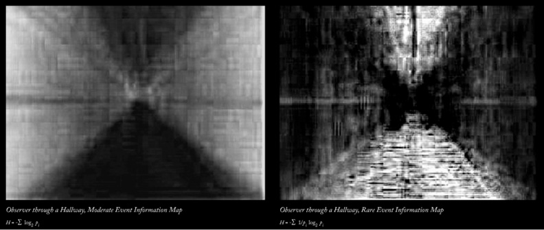 Left image: Blurred black-and-white depiction of a hallway using a moderate event information map. Right image: Blurred black-and-white depiction of a similar hallway using a rare event information map. Both images display varying degrees of clarity in the hallway scene.