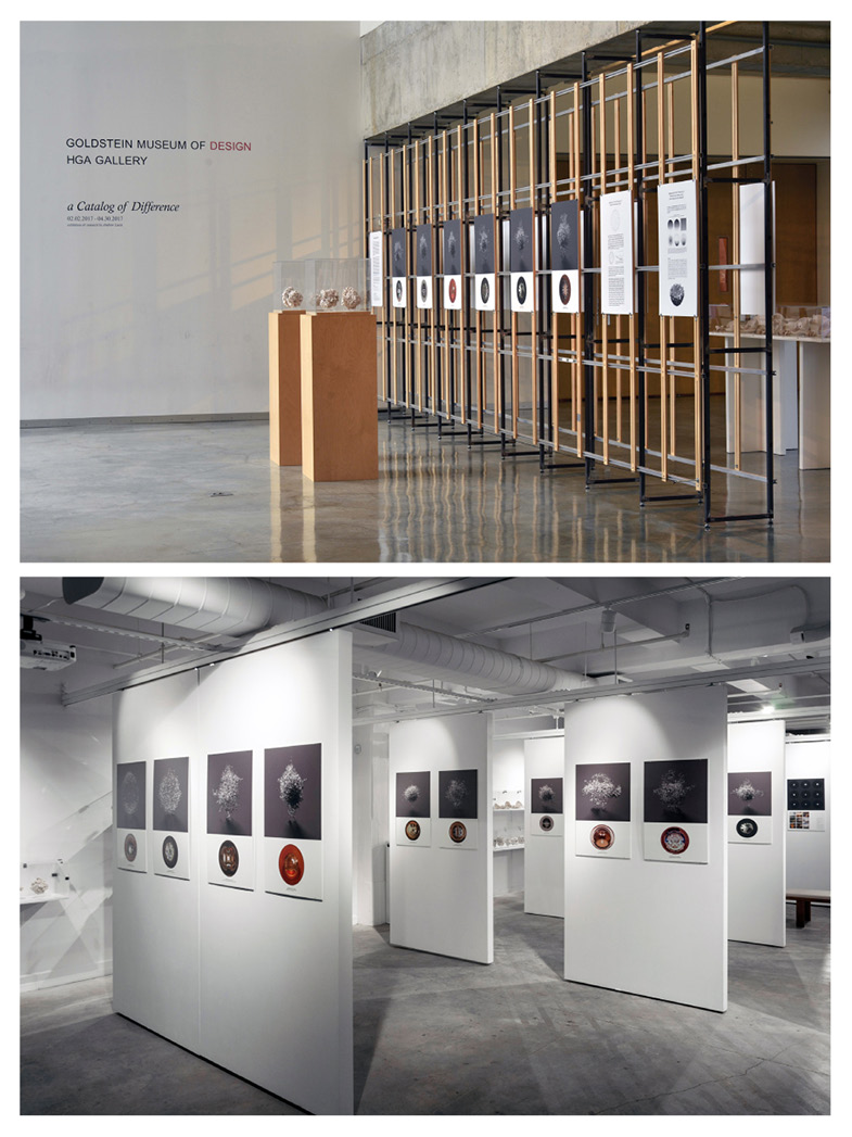 Two photos of an art exhibit in a gallery. The top image shows a large display with grids and art pieces mounted on it, next to a wall sign that reads “Goldstein Museum of Design, HGA Gallery: A Crucible of Difference.” The bottom image shows multiple white partition walls with framed artworks hanging on them in a similarly arranged gallery space.