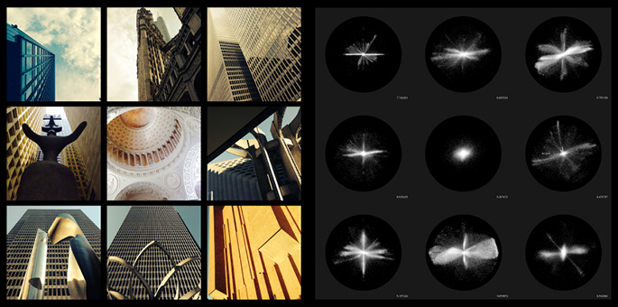 The image is split into two halves. The left side features a 3x3 grid of architectural photos showcasing skyscrapers, statues, and ornate ceilings. The right side presents a 3x4 grid of starburst-like black and white patterns labeled with celestial coordinates or names.