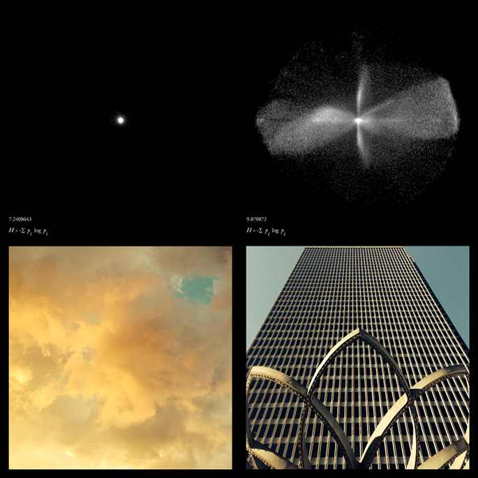 A four-part image: Top left shows a small, bright object in a black space. Top right displays a faint, cross-shaped pattern. Bottom left captures a sunset sky with golden clouds. Bottom right features a tall modern building with a unique architectural design at its base.