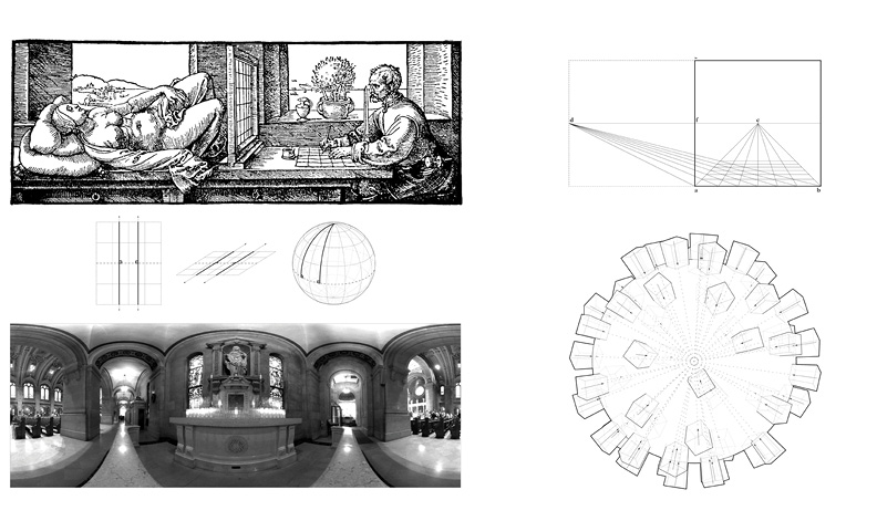 Composite image showing various perspectives in art and geometry. Top-left: An artist and a model with a gridded frame. Top-right: Geometric diagrams on perspective. Bottom-left: A spherical panoramic photo of a room. Bottom-right: A radial architectural layout.
