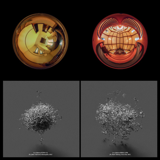 This image contains four spheres arranged in a grid. The top two are reflective, one showing a gold room and the other a red-tinted room with a wooden ceiling. The bottom two spheres are grayscale and feature intricate, textured patterns.