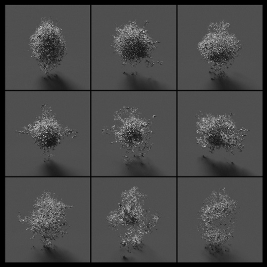 A 3x3 grid of abstract, metallic clusters on a dark background, each cluster varying slightly in shape and texture. The clusters appear spiky and intricate, casting shadows onto the surface below.