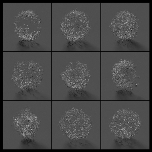 Nine frames show a sphere composed of numerous particles or fragments that progressively disperse and reassemble. The sequence starts at the top left with a nearly complete sphere and proceeds to the bottom right, where the particles are more scattered.