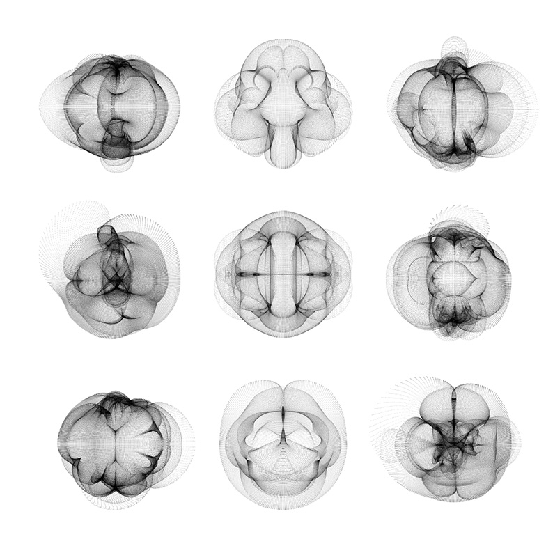 Nine abstract, symmetrical, black and white line art designs on a white background. Each design displays complex, overlapping, flowing lines forming intricate, organic shapes and patterns, resembling neural networks, cells, or biomorphic forms.