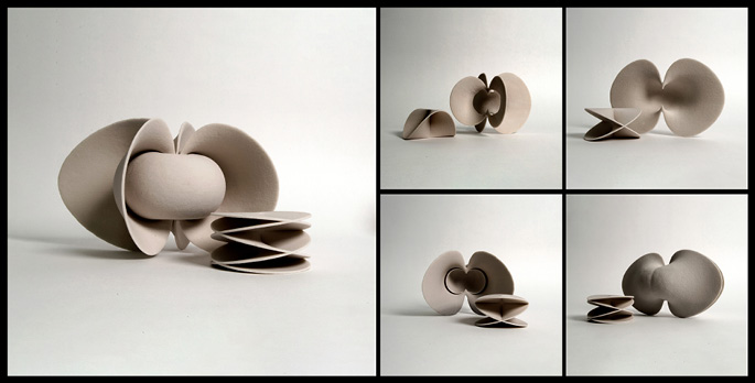 A collage of five images displaying a sculptural object made of beige material with a smooth, curved, and symmetrical form. The sculpture features petal-like elements and folded layers, presented from various angles to showcase its intricate and balanced design.