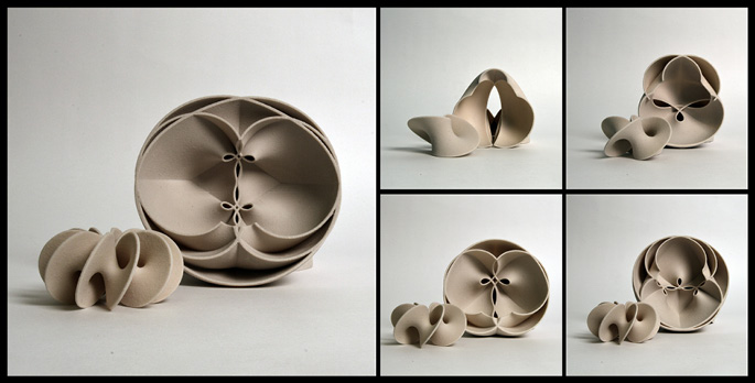 A collage of five images showcasing abstract, geometric ceramic sculptures. The sculptures feature intricate, interlocking curved forms, varying in size and orientation, and are displayed against a plain white backdrop.