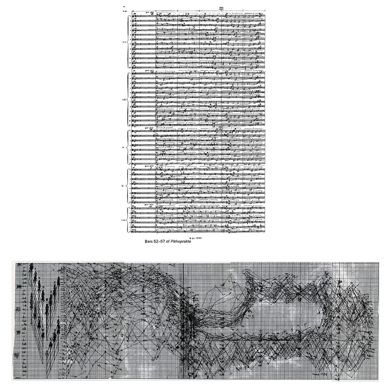 This displays two images, one above the other. The top image is a section of music score for Pithoprakta by Xenakis. The bottom image is a densely layered, complex network of interwoven lines on a grid, resembling abstract art, which shows the basis of the music.