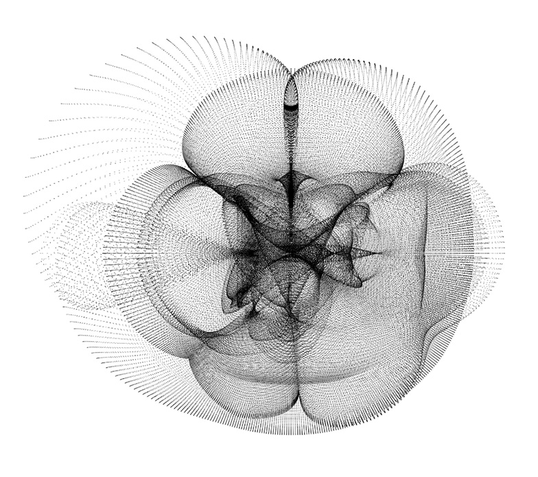 Abstract black lines forming an intricate, symmetrical pattern against a white background. The lines radiate outward in swirling, concentric shapes, resembling a complex, multi-layered web or mesh. The overall design has an organic, flowing appearance.