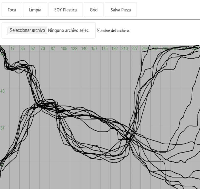 A computer screen displaying a graphical interface with buttons labeled “Toca,” “Limpia,” “SOY Plastica,” “Grid,” and “Salva Pieza.” Beneath these, a graph with multiple overlapping black lines and a button labeled “Seleccionar archivo” is visible.