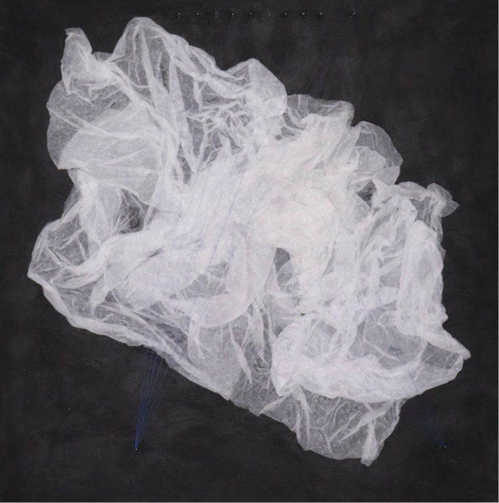 A large, white, crumpled fabric lies against a dark, almost black background. The translucent material is spread out unevenly, creating various folds and shadows, with thin blue threads subtly extending from the bottom corners.