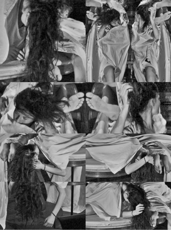 A black and white image collage showing six frames of a woman with long, dark hair in various reclining and lying poses. The woman is draped in a light fabric and appears to be on a bed or soft surface in contemplative or relaxed positions.