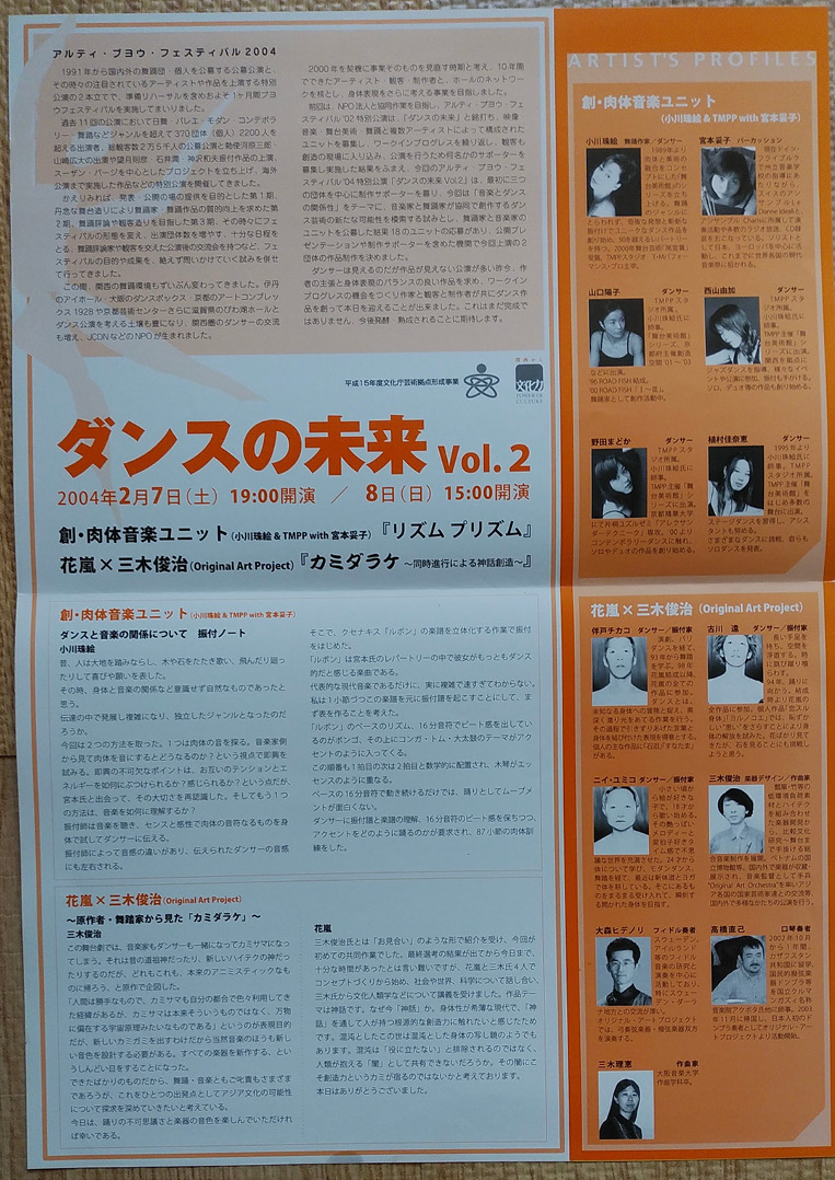 A Japanese poster titled, in Japanese, The Future of Dance Vol. 2 with details about a dance event scheduled for February 7th and 8th, 2004. The left side of the poster includes text in Japanese about the event, while the right side features profiles of the artists with their photos.