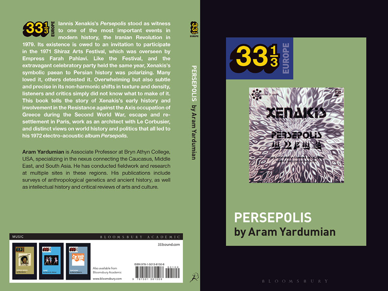The image shows the front and back covers of the book “331/3 Sound Europe: Persepolis by Aram Yardumian.” The front cover features the book title and author’s name, along with an abstract black-and-white design. The back cover includes a synopsis and author bio.