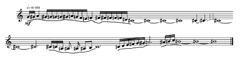 Two lines of music notation from Mikka by Xenakis, for solo violin. The notation uses micro-intervals, and a wavy line underneath shows the trajectory of the glissando-like sound.