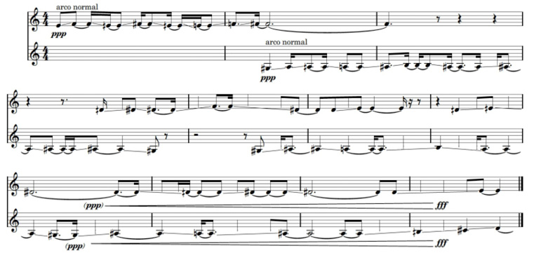 Three lines of music notation from Mikka S by Xenakis, for violin solo, in common time, marked ‘Arco normal’. The notation uses glissando lines between notes.