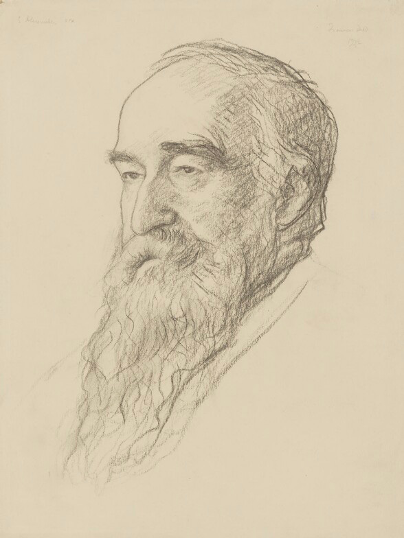 Drawing of the head of a middle-aged white man, moustache and long beard, receding hairline.