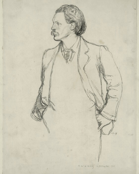 Drawing of a white man with hands in pockets. In profile; Dark hair, moustache, open shirt and casual jacket.