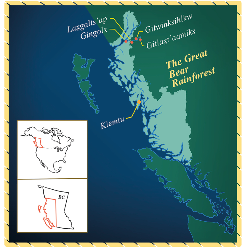 A map showing “The Great Bear Rainforest” along the coast of British Columbia, Canada. Several Indigenous place names are marked, including Laxgalts’ap, Gingolx, Gitwinksihlkw, Gitlaxt’aamiks, and Klemtu. Two inset maps in the bottom left show the location within North America and British Columbia, with the rainforest region highlighted in red along the Pacific coast.