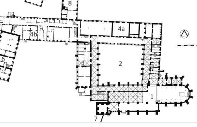 The floor plan shows the long dormitory stretching along the north side of the convent; the house of the abbess on the west side, the refectory on the east side and the church on the south side of the cloisters, with the nuns’ choir on the upper level of the west side of the church and the choir for the clergy on the east side
