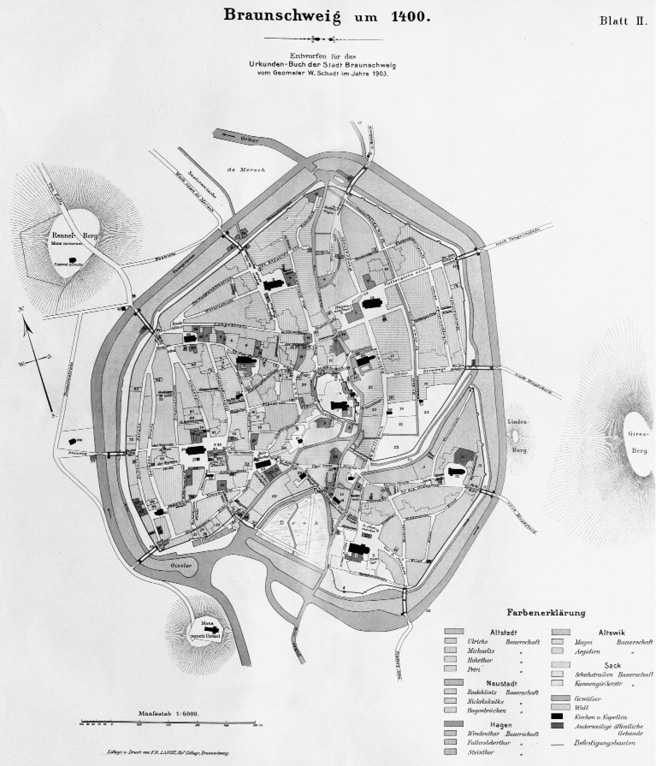 The medieval city map shows the location of the Heilig Kreuz Kloster on the Rennelberg north of the city; the medieval town wall with its gates and the surrounding moat; and in the centre of the city the castle square with the castle; south of it is the Grauer Hof, where the nuns were housed when they had to flee their convent.