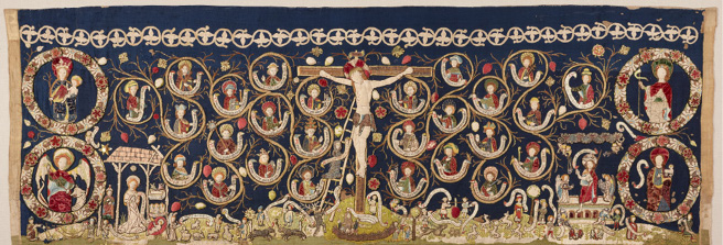 View of the entire antependium, a liturgical hanging for the altar made in a patchwork technique from linen, velvet, and scraps of parchment. At its centre it shows Christ on the cross, from which curled branches grow, each featuring a figure with a text scroll, among them the apostles, prophets and Church Fathers. Below the cross are various scenes, with Latin and Low German captions, starting with the nativity and ending with the resurrection. A woman climbs a ladder leading to the wound in Christ’s side while a devil shoots at her with a crossbow. At the foot of the cross is a garden with a fence in which a woman gathers roses. The outer edges depict Mary with the Christ Child (top left), Michael fighting the dragon (bottom left), the Medingen patron saint Maurice with a banner and wreath of flowers (top right), and John the Baptist with the Lamb of God (bottom right).