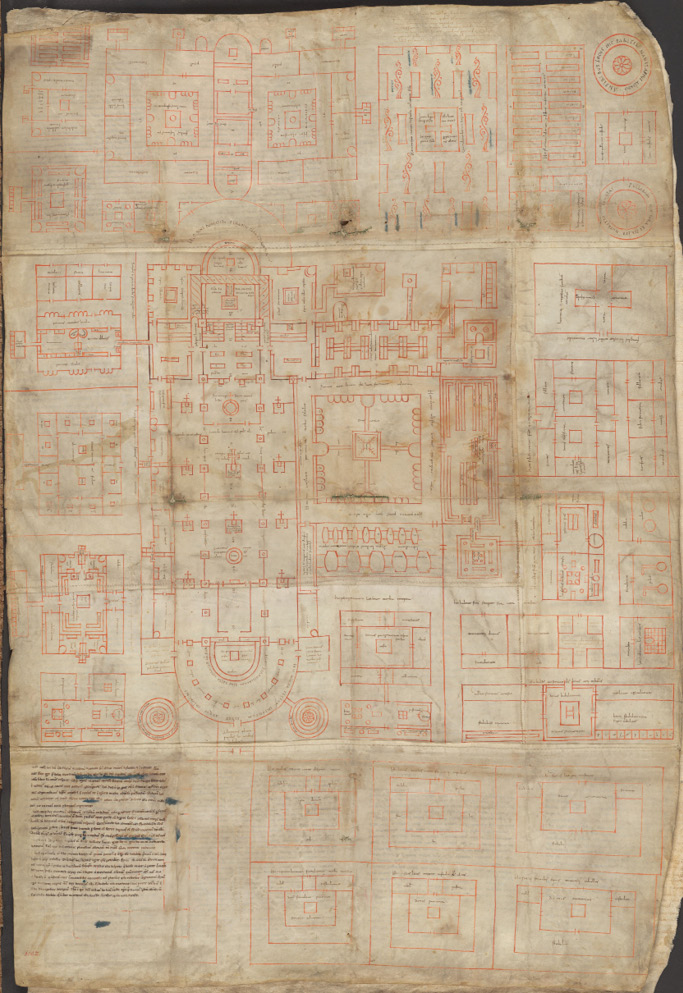 The map shows the ground-floor plan of an ideal monastery, drawn with red ink on several parchment leaves sewn together, with captions in black ink. At the centre are the cloisters; left (north) of them the church, which is by far the largest building; surrounding them the other buildings and the garden.